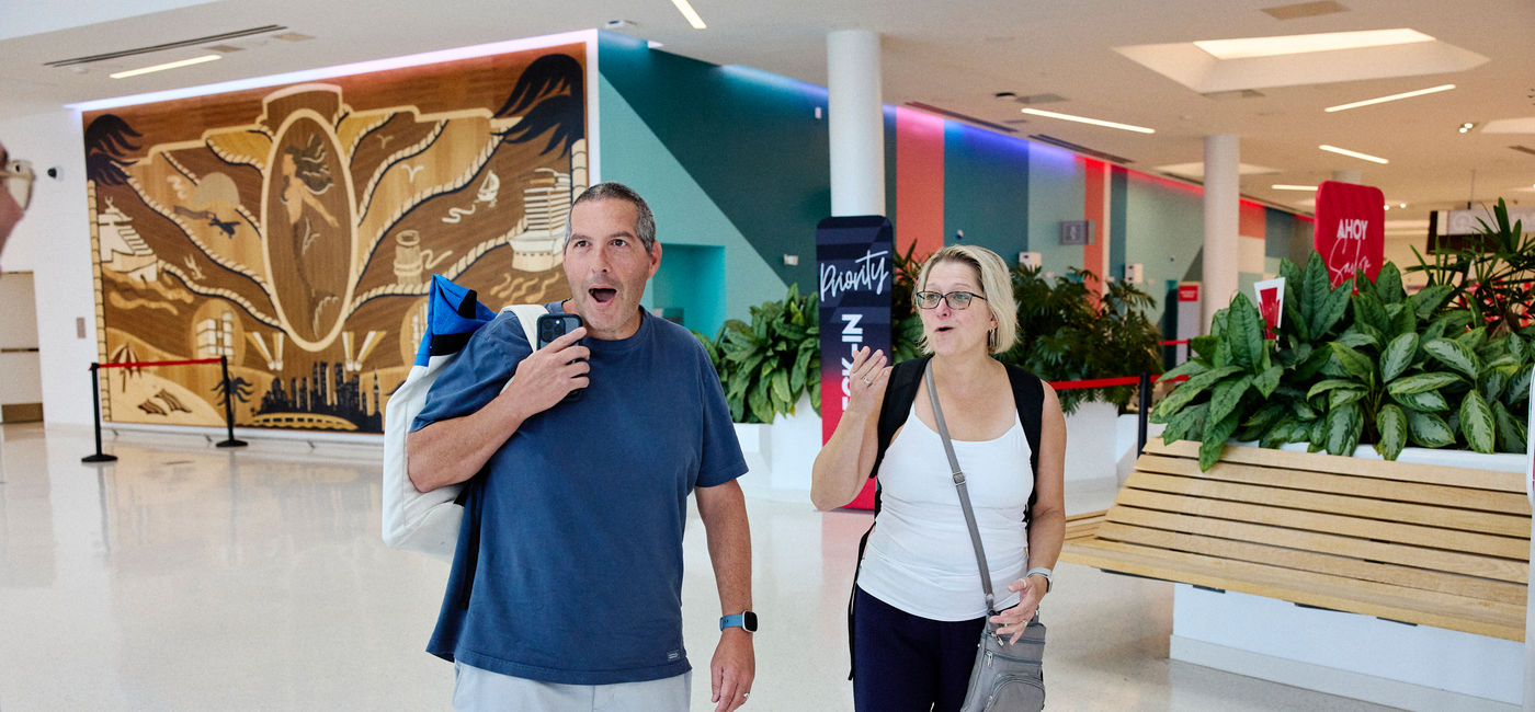 Image: Jason and Patricia were surprised with the good news in Miami (Photo Credit: Kathy Boos Tejada/Virgin Voyages)