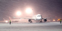 Airport and airplanes in a blizzard