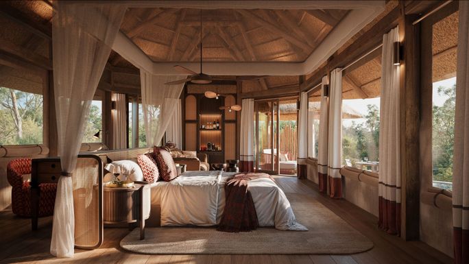 Each suite features a king-size bed and expansive windows framing sweeping views of the Delta. Each suite features a king-size bed and expansive windows framing sweeping views of the Delta.