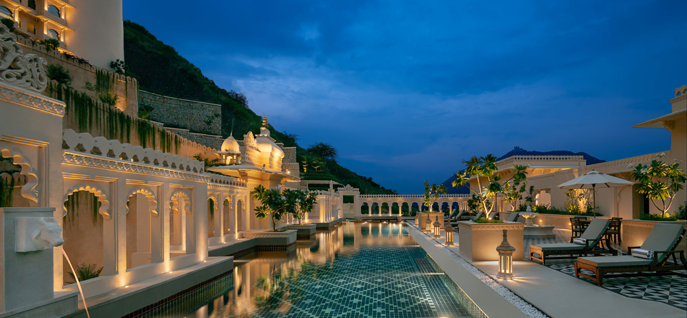Image: The pool area at Aurika Udaipur - Luxury by Lemon Tree Hotels, a new Preferred Hotels & Resorts member. (Photo Credit: Preferred Hotels & Resorts)