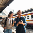Tourists at a train station