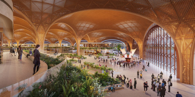 Rendering of the interior of the new Techo International Airport in Phnom Penh, Cambodia. Techo International Airport, phnom Penh, cambodia airports, new airports