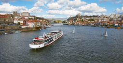 Viking river ship on Douro River in Portugal.