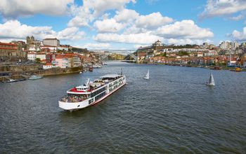 Viking river ship on Douro River in Portugal.