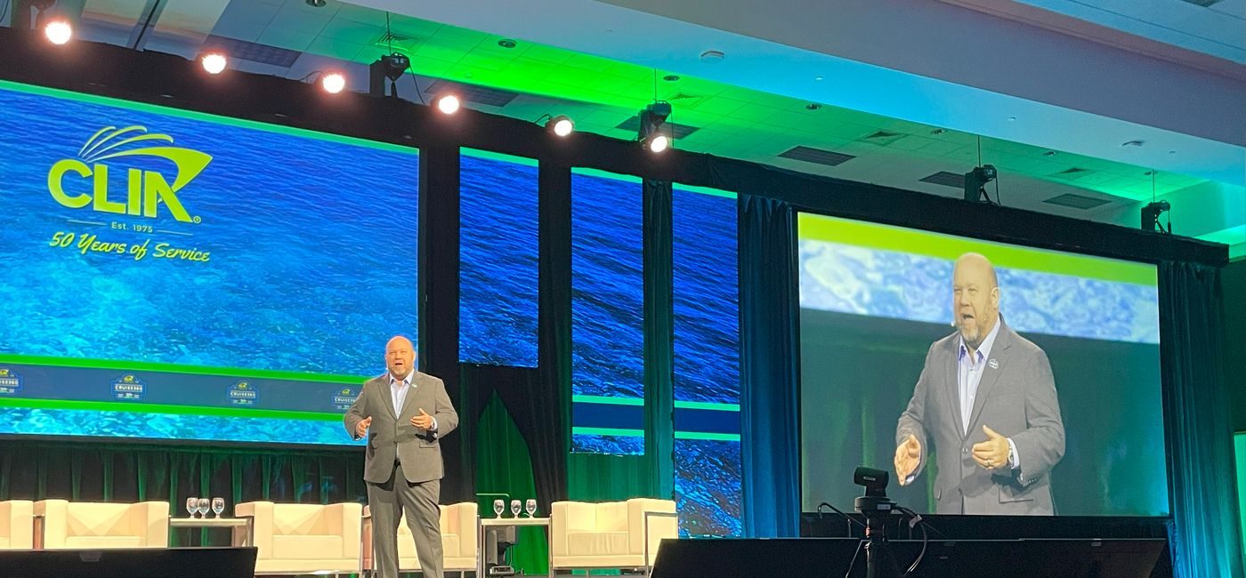 Image: Bud Darr, president and CEO of CLIA, at Cruise360’s opening general session. (Photo Credit: Sara Perez Webber)