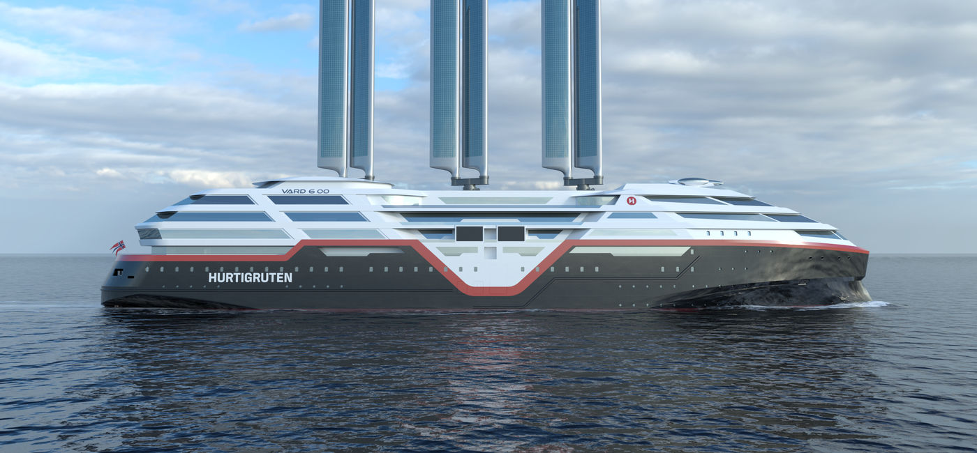 Image: The Sea Zero project will use sails that capture wind and solar energy. (Photo Credit: Vard / Hurtigruten) Hurtigruten zero-emission cruise