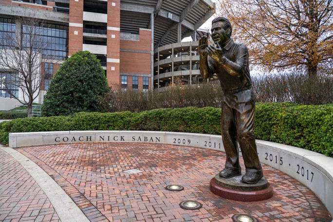 Statue of coach Nick Saban outside of Bryant-Denny Stadium in Tuscaloosa, Alabama Statue of coach Nick Saban outside of Bryant-Denny Stadium in Tuscaloosa, Alabama