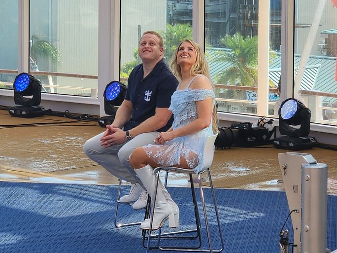 Meghan Trainor and Royal Caribbean Group CEO Jason Liberty at Utopia of the Seas' christening ceremony. Meghan Trainor and Royal Caribbean Group CEO Jason Liberty at Utopia of the Seas' christening ceremony.