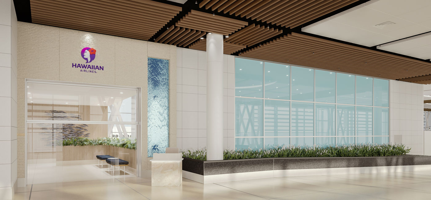 Image: Rendering of the entrance to the new Hawaiian Airlines premium lounge, to open in Honolulu in 2027. (Photo Credit: Hawaiian Airlines)