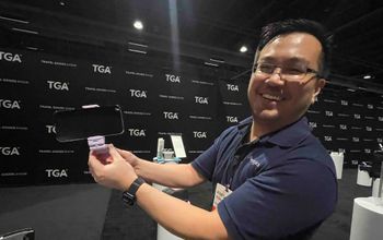 A rep shows off tech device accessories 