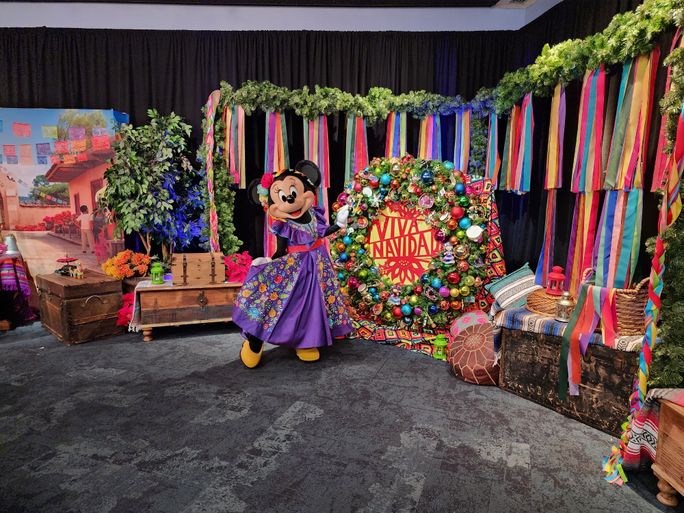 Minnie Mouse poses in her new seasonal attire as part of the resort's 'Disney ?Viva Navidad!’ celebration. Minnie Mouse, Disneyland Resort, Disney California Adventure Park, Disney ?Viva Navidad!, holidays, seasonal, festive, costumes, outfits, attire, costumes