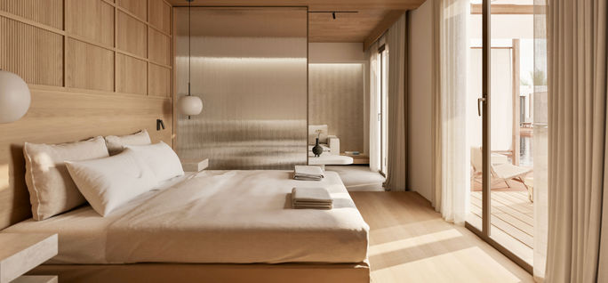 A room inside the Laguna Beach Resort in Naxos, Greece, part of SLH's Considerate Collection. Small Luxury Hotels of the World, new openings 2025, resorts in naxos, naxos resorts, slh