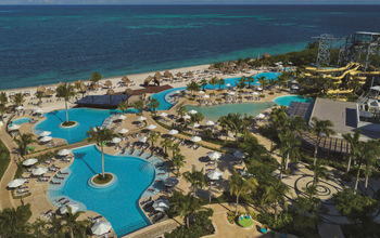 Panoramic view of Dreams Natura Resort & Spa&#39;s pools and water park