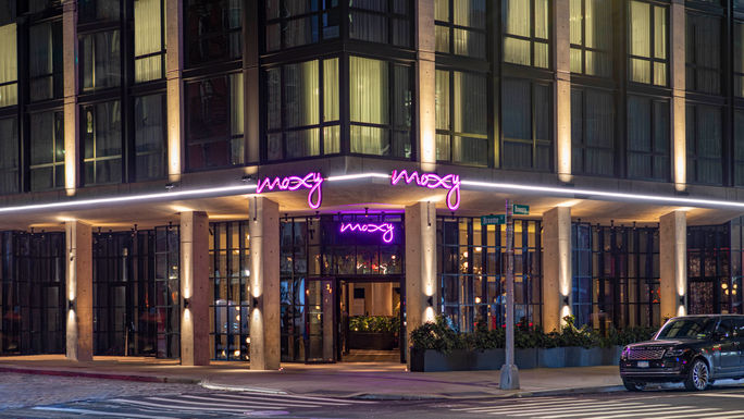 Entrance to the Moxy Lower East Side in New York City. Entrance to the Moxy Lower East Side in New York City.