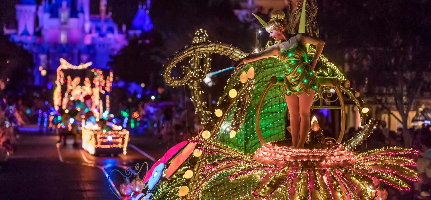 Image: Tinkerbell riding a float in Disneyland's Main Street Electrical Parade. (photo via Disneyland Resort) (Disneyland Resort Media)
