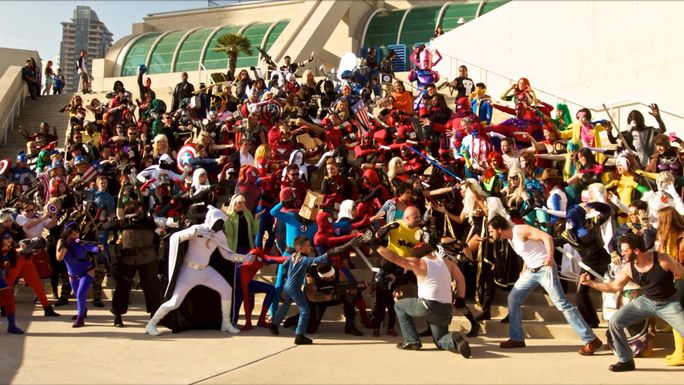 Marvel cosplay group photo at Comic-Con