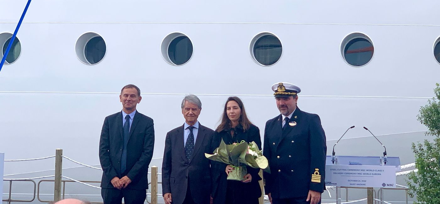 Image: MSC founder Gianluigi Aponte and other dignitaries from MSC Cruises and Chantiers de l'Atlantique at the Delivery Ceremony for MSC World Europa at St. Nazaire, France on October 24, 2022. (Photo by Scott Laird)
