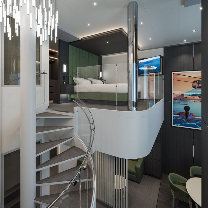 A rendering of the new royal duplex suite on MSC World Asia