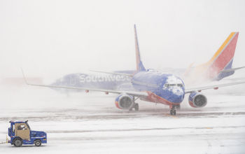Southwest Airlines taxi on a snowy runway