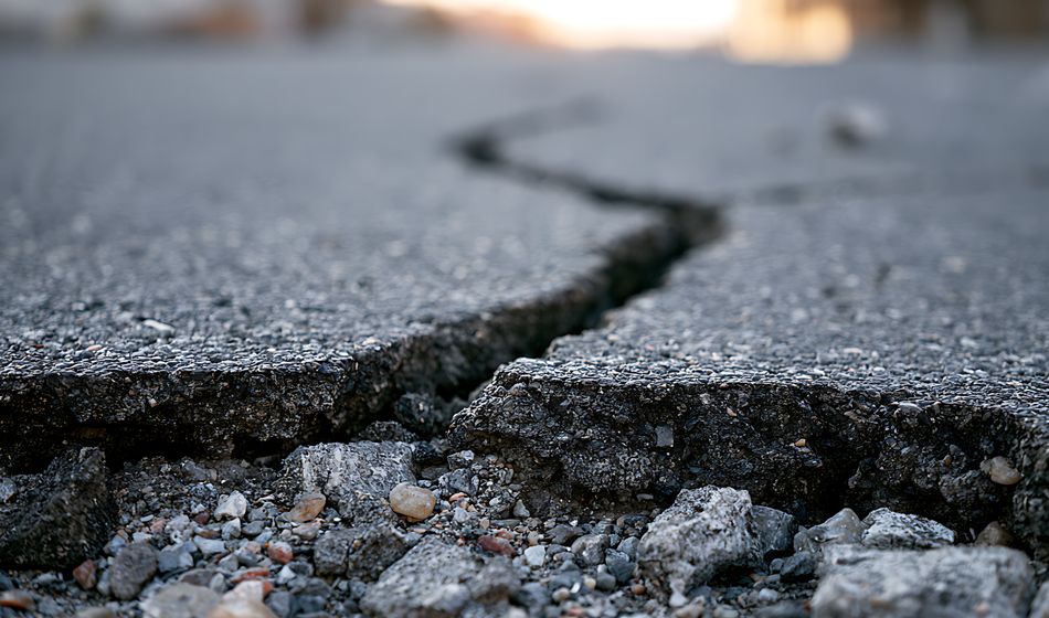 Deep crack in asphalt road surface caused by earthquake damage.