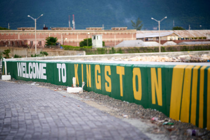 A mural saying "Welcome to Kingston" in Jamaica.