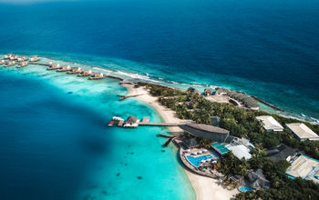 Aerial view over a resort in the Maldives.