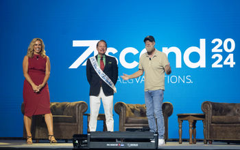 Jacki Marks and Carson Kressley on stage with Chris Elliott during Ascend 2024.