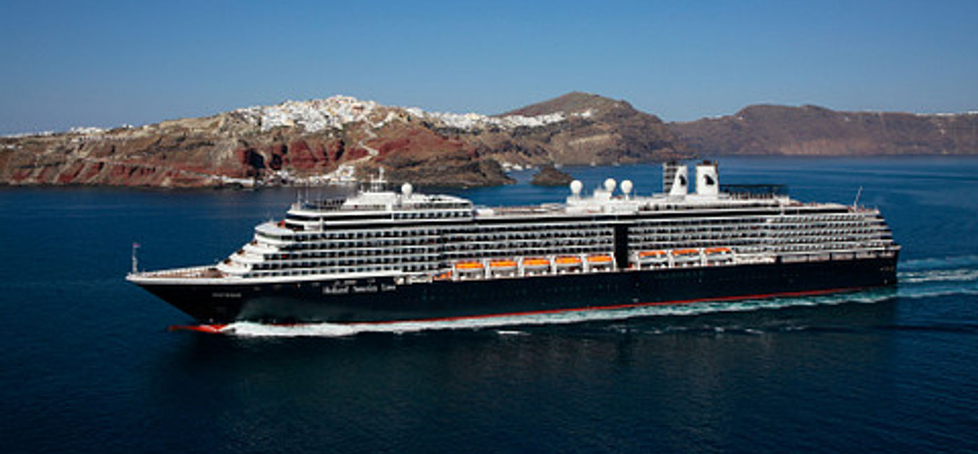 Image: An aerial view of Holland America Line's Westerdam in Santorini. (Photo Credit: Holland America Line)