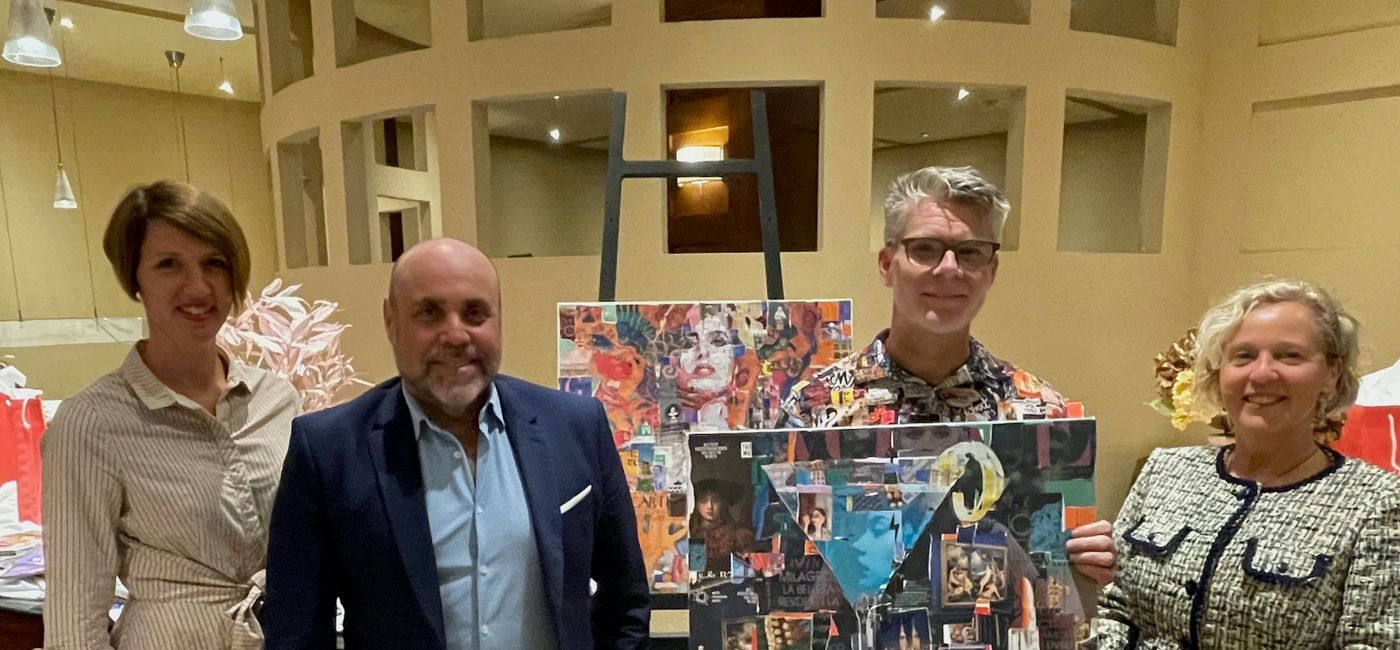 Image: Left to right: Eszter Almasi, Vienna Airport, Armando Mendonca, Vienna Tourist Board Canada, collage artist Derek Gores and Elke Bachner, Vienna Tourist Board. (Photo Credit: Bruce Parkinson)