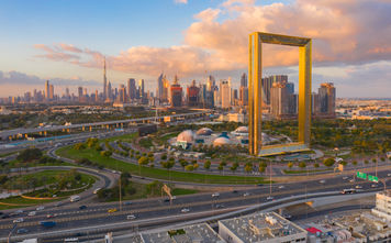 Dubai Frame looks over old and new Dubai.