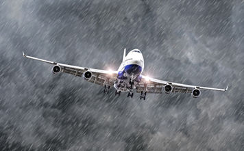 Passenger airplane flying through a storm.