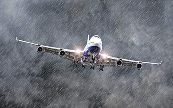 Passenger airplane flying through a storm.