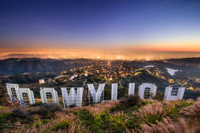 Los Angeles cityscape as seen from behind the famous Hollywood Sign. Los Angeles, LA, cityscape, Hollywood sign