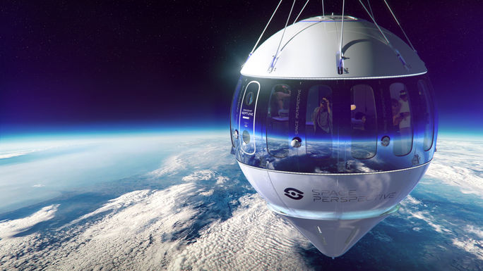 Rendering of the exterior of the Spaceship Neptune, the only carbon neutral way to travel into space. Space Perspective, Spaceship Neptune, space travel, space tourism
