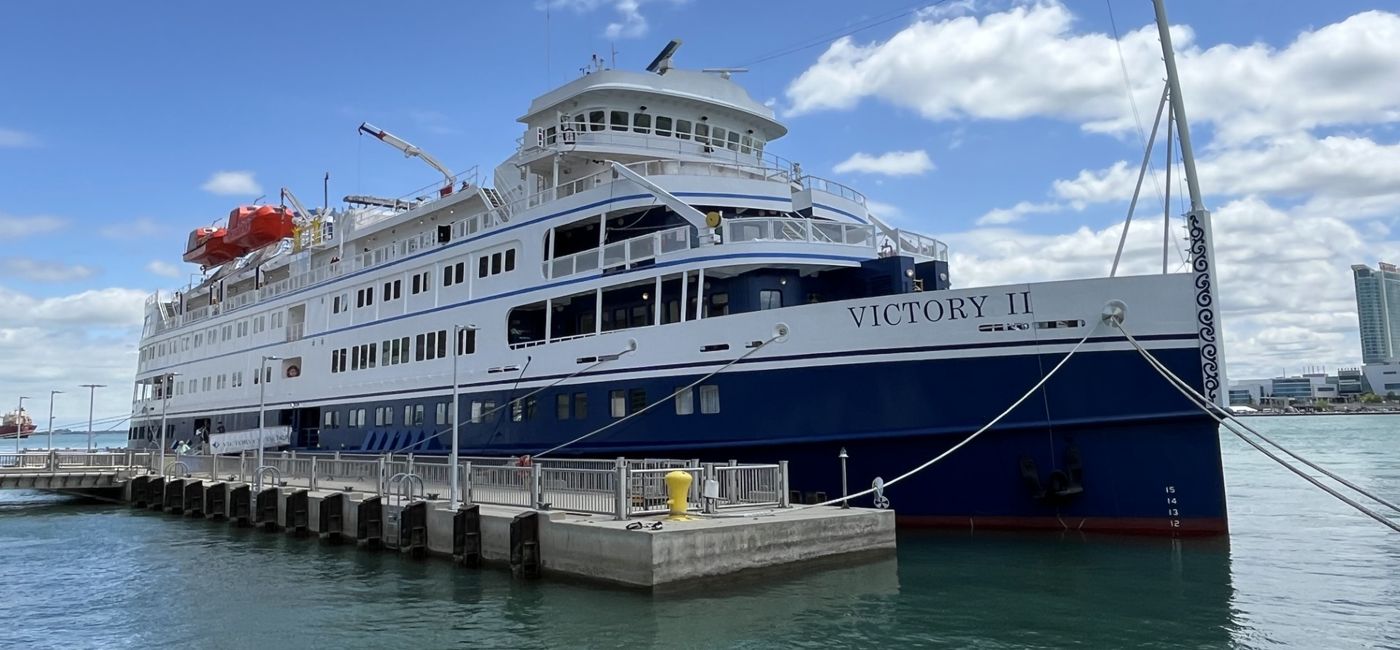 Image: The 190-passenger Victory II at dock. (Photo Credit: Theresa Norton.)