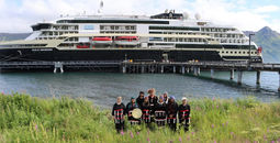 Alutiiq dancers welcome MS Roald Amundsen to Old Harbor, Alaska