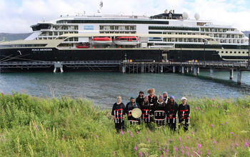 Alutiiq dancers welcome MS Roald Amundsen to Old Harbor, Alaska