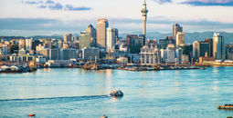Auckland, New Zealand, skyline at dawn.