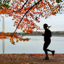Runner moves past Washington Monument in DC during fall