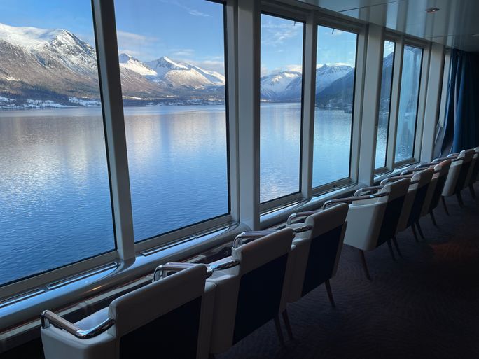 View from one of the lounges aboard the MS Trollfjord View from one of the lounges aboard the MS Trollfjord