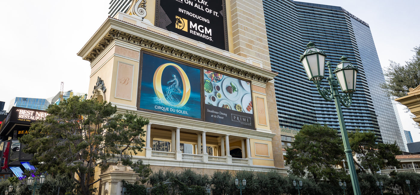 Image: Bellagio marquee in Las Vegas touting the reimagined MGM Rewards loyalty program. (photo courtesy of MGM Resorts International)