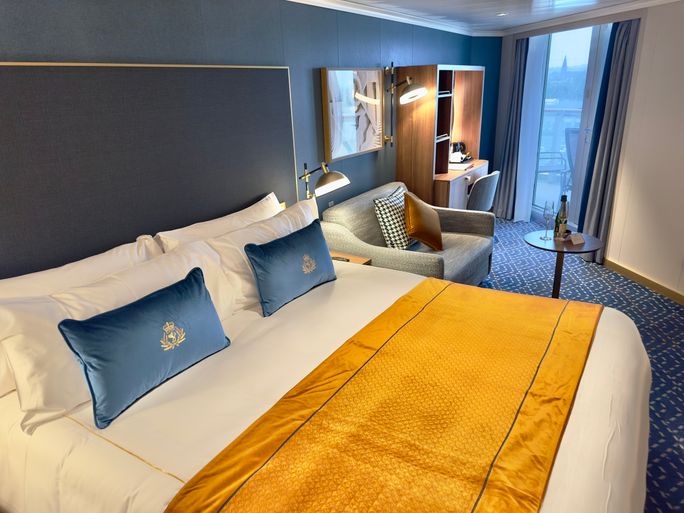 Britannia Accommodations Cunard’s New Queen Anne, cruise, ship, cruising, sail, sailing, ocean, water, Accommodations, room, bed, cabin