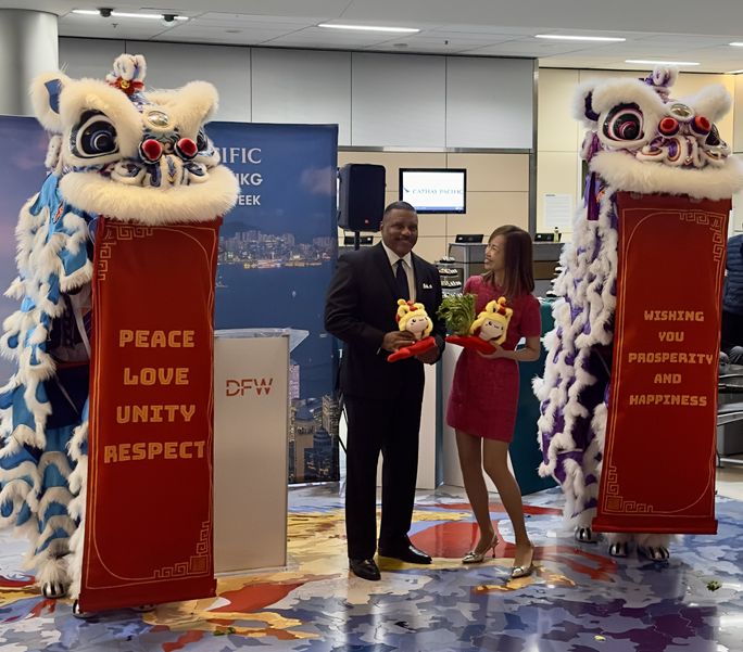 Dignitaries from Cathay Pacific and DFW Airport officially open the route. Dignitaries from Cathay Pacific and DFW Airport officially open the route.
