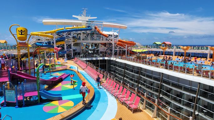 Main Pools and The Perfect Storm waterpark aboard Utopia of the Seas.
