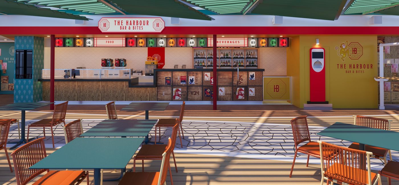 Image: A rendering of The Harbour Bar & Bites aboard MSC World Asia (Photo Credit: MSC Cruises)