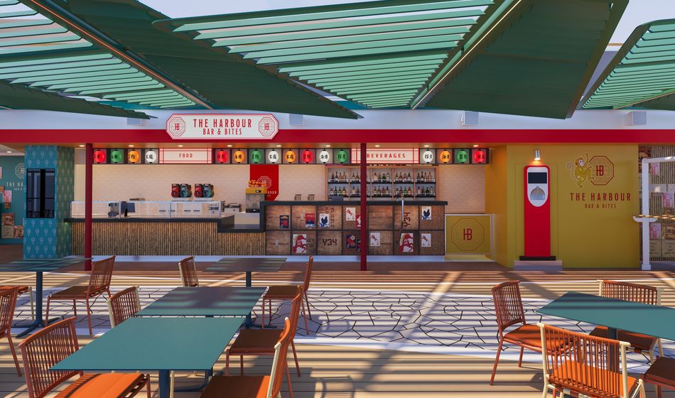 A rendering of The Harbour Bar & Bites aboard MSC World Asia