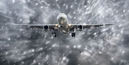 Airplane flying in a snowstorm.
