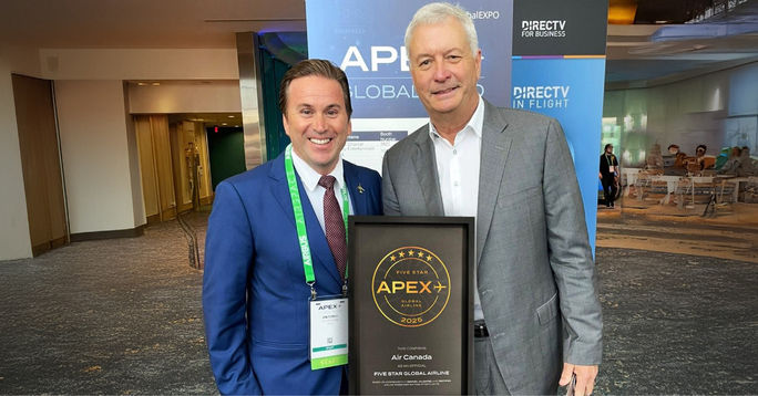 Air Canada President and CEO, Michael Rousseau, accepts the APEX Five Star Global Airline Award.