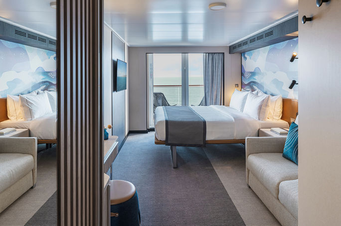 A balcony stateroom aboard Norwegian Luna