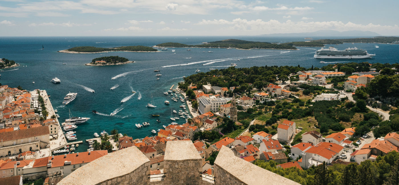 Image: Aerial view of the Oceania Vista outside of Hvar, Croatia. (Photo Credit: Oceania Cruises)
